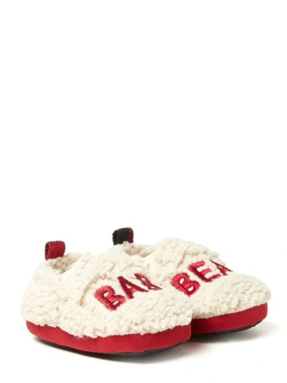 EUC Dearfoams Baby Bear Cream & Red Plush Slippers 6-9 Months/3